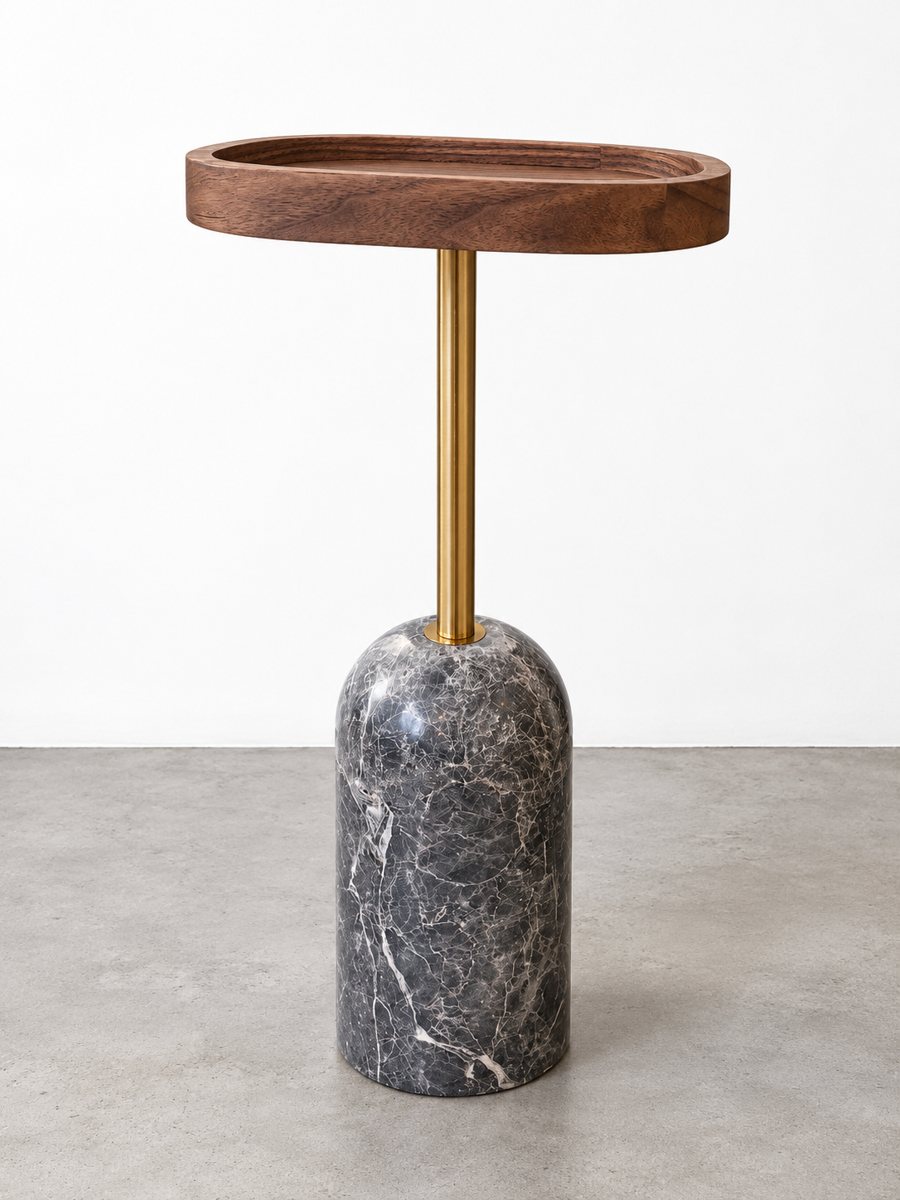 Mesa Auxiliar Singular con base de mármol y tapa en melamínico nogal